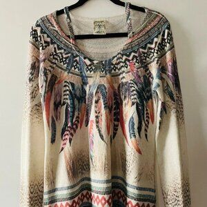 Vocal Womens Multicolor Colorful Feathers USA Made Long Sleeve Blouse Top Size L